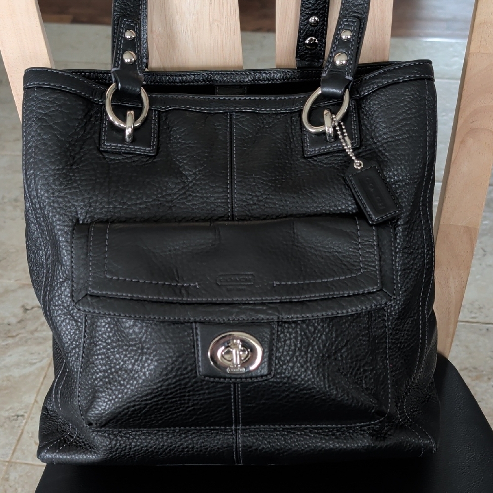 Coach "Penelope" (F19264) Black Pebbled Leather Tote with Turnlock Front Pocket